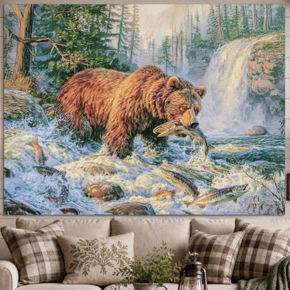 Farmhouse Wall Tapestry - Brown Bear Catching Salmon in River, 36x48in - Rustic Cabin Decor