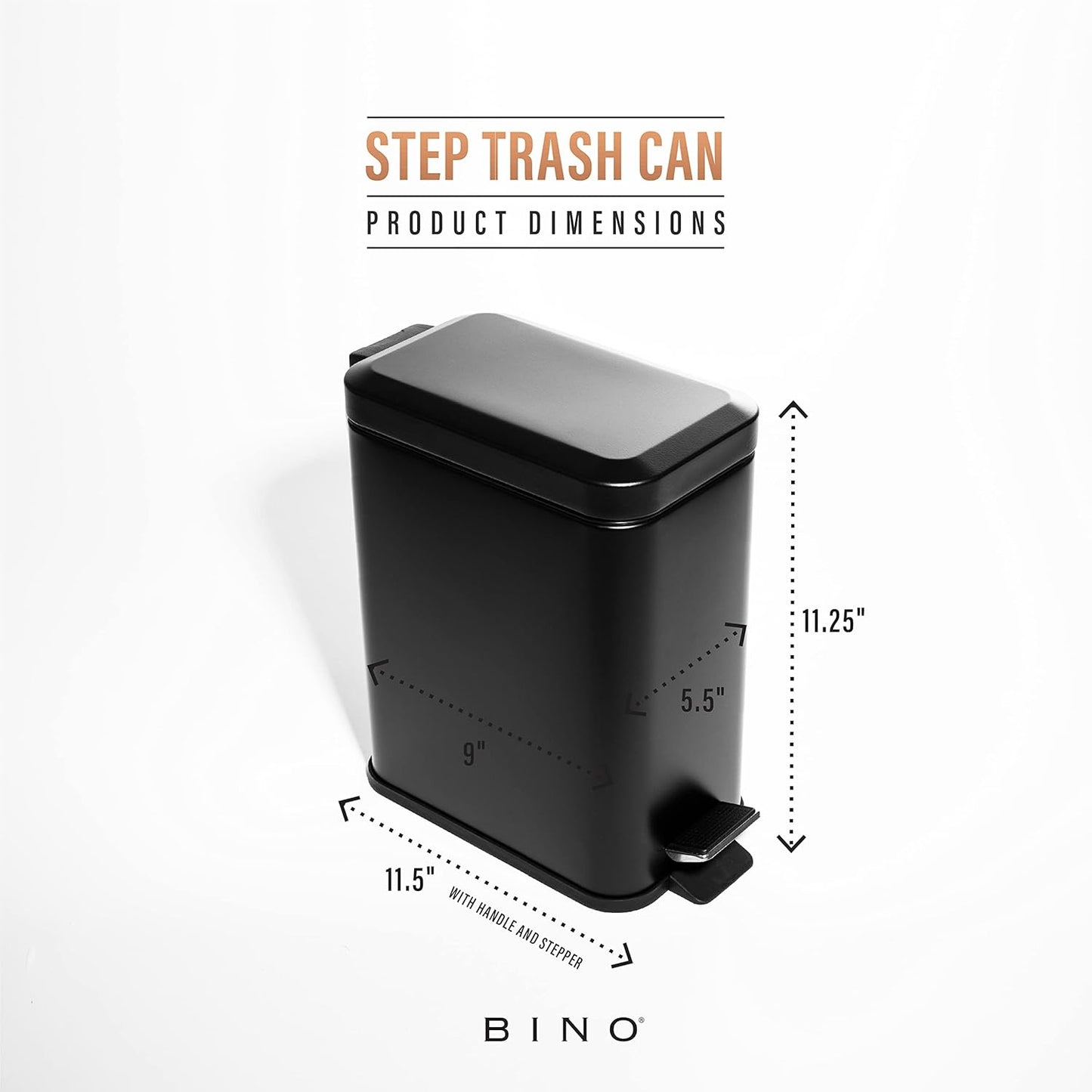 BINO Rectangular Step Trash Can - 1.3 Gallon Stainless Steel with Lid | Matte Black Kitchen & Bathroom Garbage Can