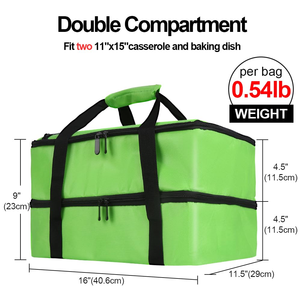 Bodaon Insulated Double Casserole Carrier Bag, Fits 9x13 and 11x15 Inch Baking Dish with Lid, Casserole Carriers for Hot or Cold Food for Transport (Green)