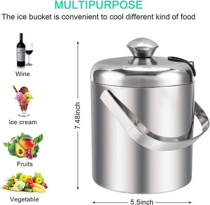 Sailnovo Mini Ice Bucket 1.2 Liter, Premium Compact Double-Wall Stainless Steel with Lid & Ice Tong, Ideal for Cocktails, Personal Bar, Small Parties - Silver