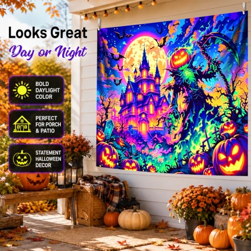 Halloween Blacklight Tapestry Glow-in-The-Dark Wall Hanging Decor - Spooky Pumpkin Scarecrow 90"x70"