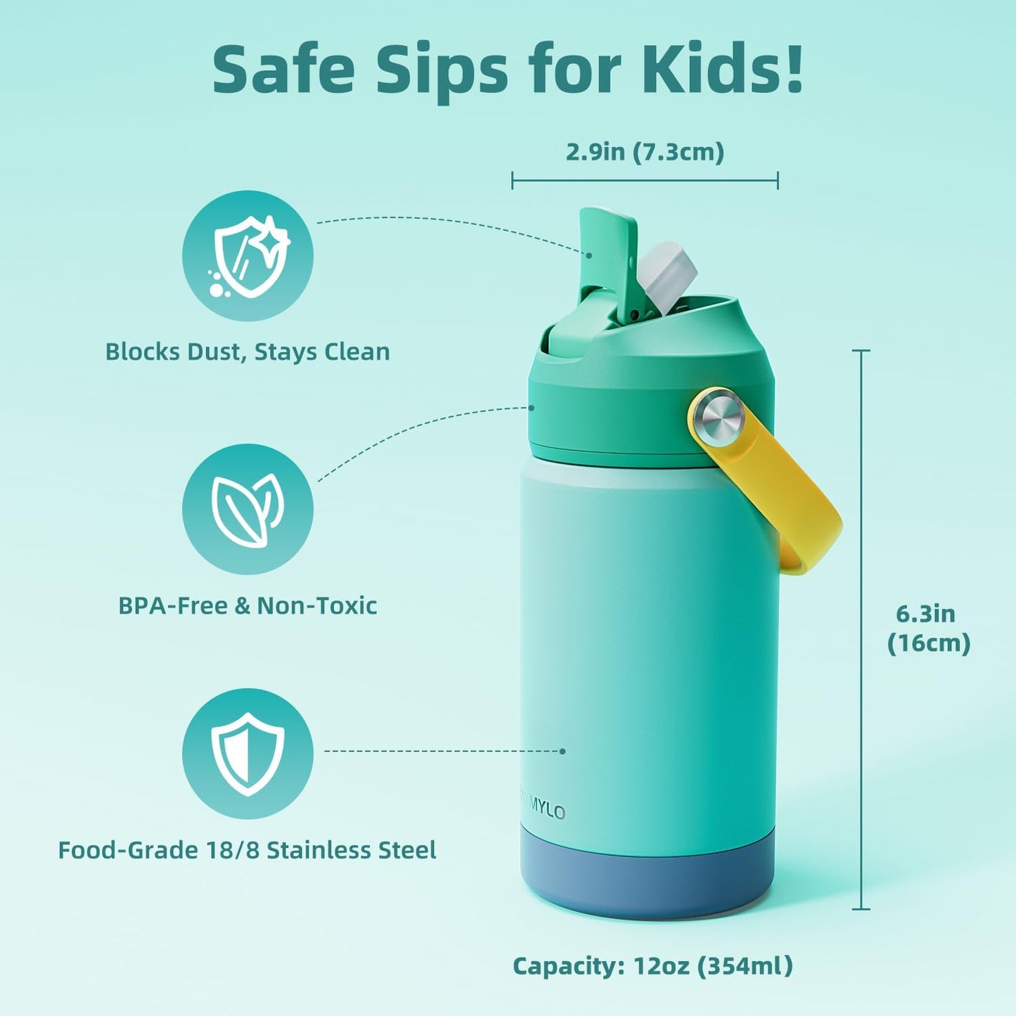 Skiennix Toddler Water Bottle - Stainless Steel Insulated 12 oz | Leakproof, BPA-Free, Dishwasher Safe, Straw Included
