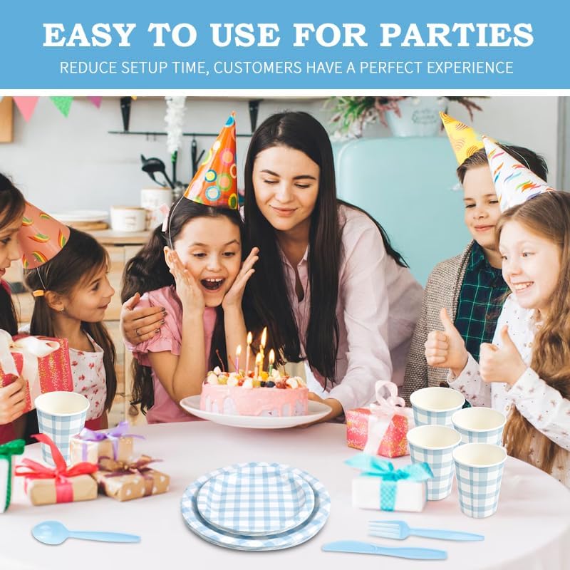 Skiennix 168Pcs Gingham Party Supplies - Disposable Dinner Set for 24 Guests | Blue Plates, Napkins & Cutlery