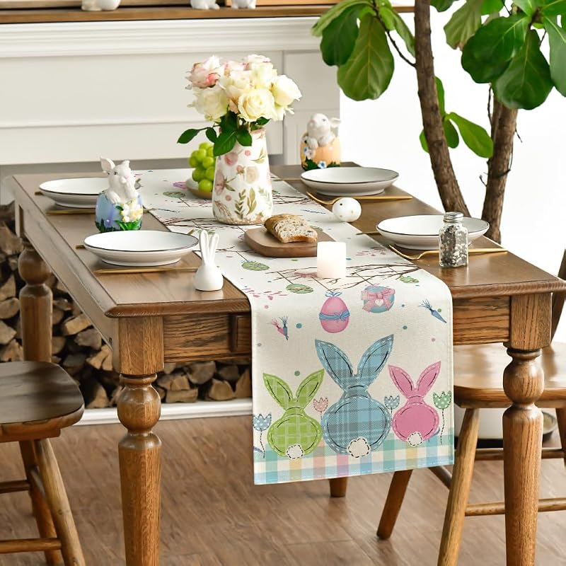 Buffalo Plaid Bunny Easter Table Runner - 13 x 60 inch, Seasonal Spring Decor (Variation: Blue/Pink/Green)
