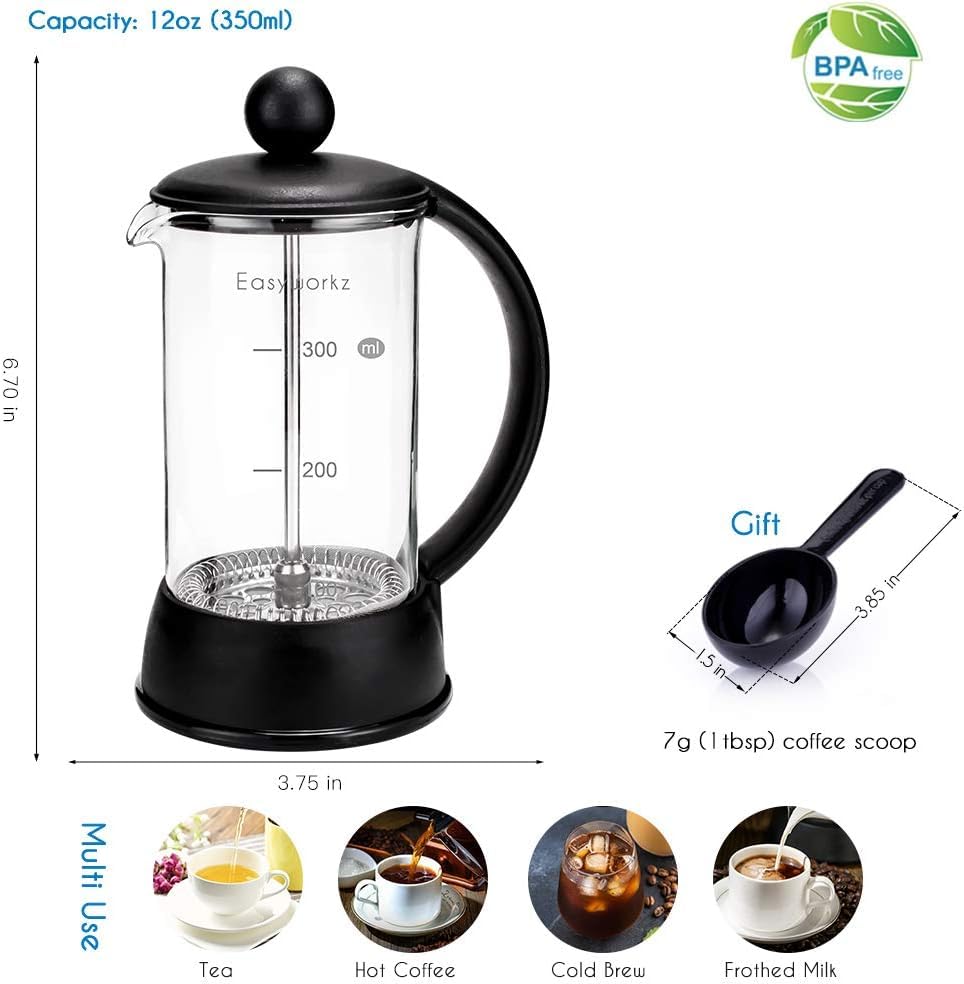 Easyworkz Eclipse French Press 12 oz Coffee Tea Maker with Borosilicate Glass