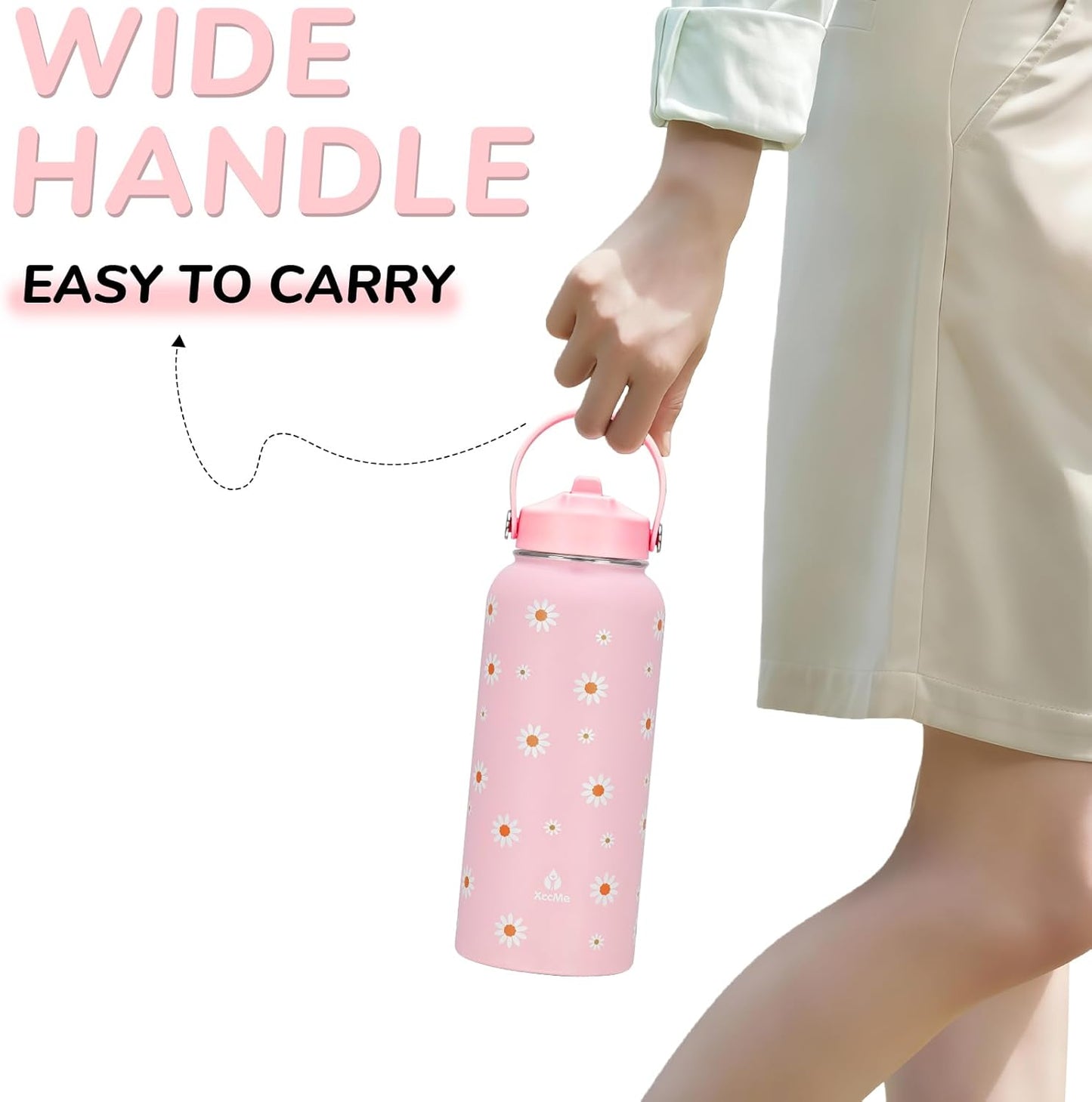 Skiennix Pink Daisy Water Bottle - 32oz Insulated with Flip Straw & Handle | Leak-Proof Stainless Steel Gift for Women & Teens