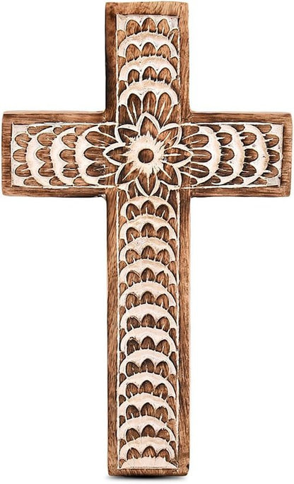 EDHAS Mango Wood Family Cross Decor - White Floral Carved Design | 10" x 6" x 0.5" Home Accent