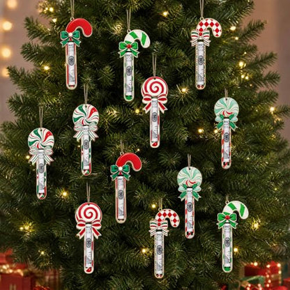 12Pcs Candy Cane Christmas Money Holder Ornaments - Wooden Holiday Gift Decor
