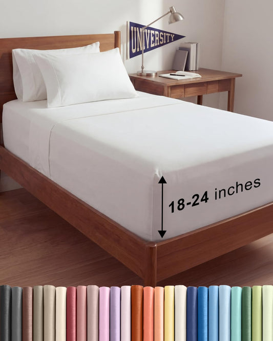 Skiennix Extra Deep Twin XL Sheet Set | 4-Piece Breathable Cooling Bedding - Soft, Wrinkle-Free White