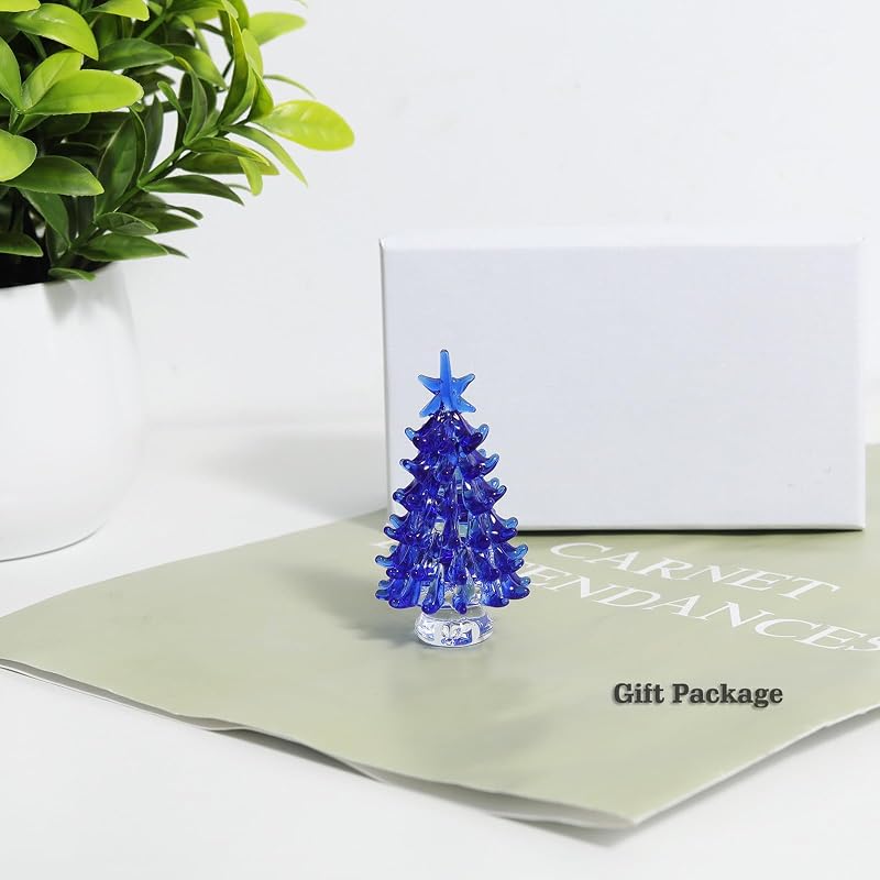 Blue Hand Blown Glass Christmas Tree Figurine - 1.38in Glass Ornament, Variation: Blue