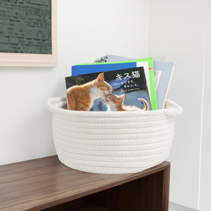 Small Woven Basket with Handle - Cute White Storage Bin for Organizing | Cotton Rope Nursery Gift Basket