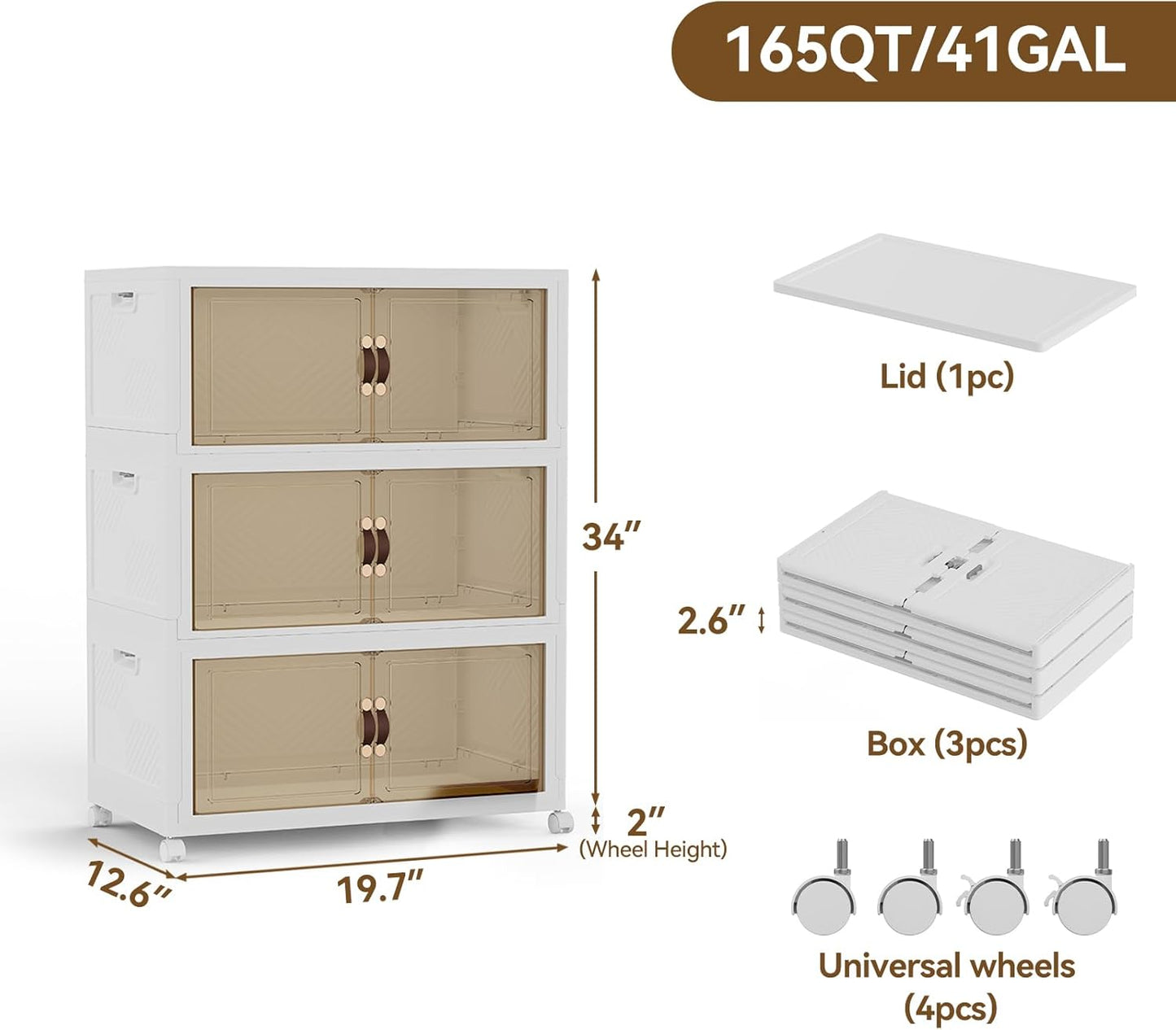 SAILUN Stackable Storage Bins - Collapsible 36 Gallon Bins with Lid & Doors | 3 Pack, White, 19.7" W x 12.6" D x 34" H