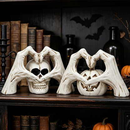 Halloween Skeleton Heart Hands Sculpture Set - Resin Gothic Decor