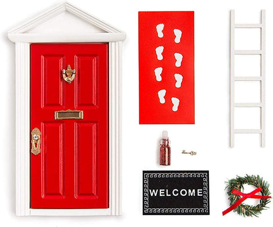 Skiennix Christmas Elf Door Kit - Miniature Wooden Elf Decoration for Wall | Magical Red Design