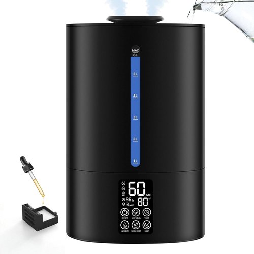 6L Humidifiers for Bedroom Large Room Home,Cool and Warm Humidifier for Baby and Plants Hot Mist Top Fill Desk Humidifier Oil Diffuser,Quiet,Auto Mode,360°Nozzle-Midnight Black(2026 Upgraded)