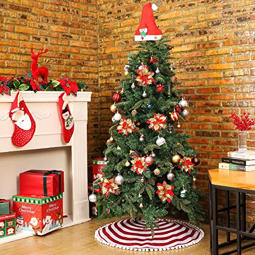 Christmas Tree Skirt 48 Inch Red White Rings with Pom Pom Trim - Holiday Decor