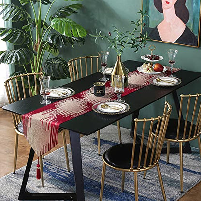 Red Gold Modern Abstract Geometric Table Runner 13 x 72 Inches with Tassels