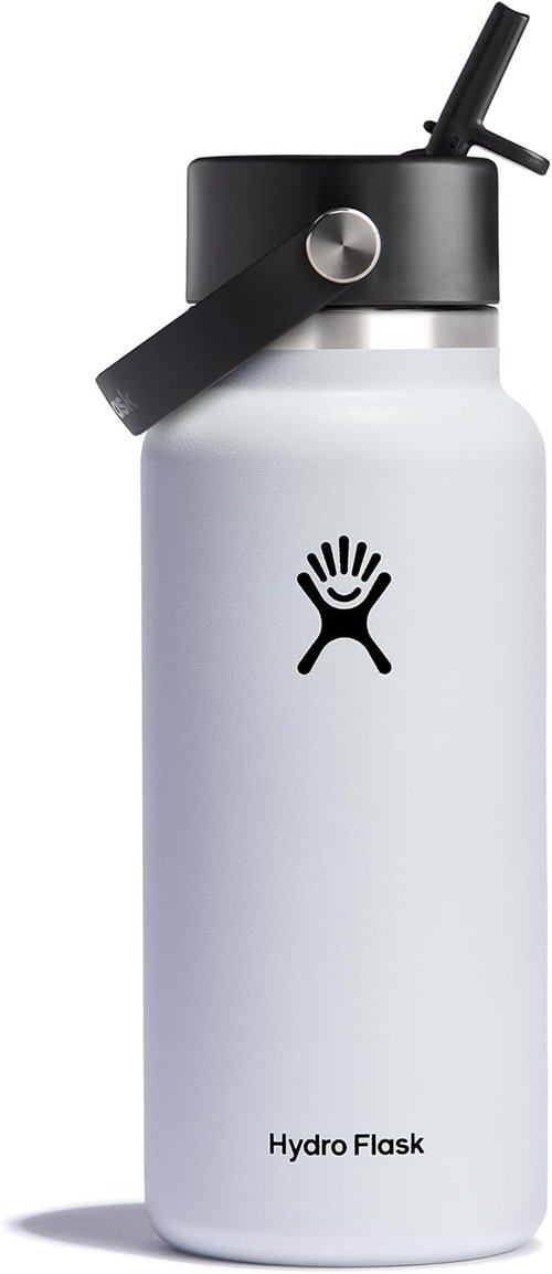 Hydro Flask Water Bottle - Insulated Stainless Steel with Wide Mouth Flex Straw Lid | 32 Oz White, Leakproof & Refillable