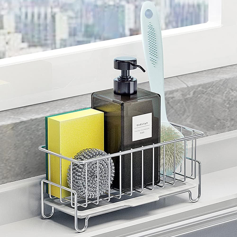 Skiennix Kitchen Countertop Sponge Holder - SUS 304 Stainless Steel Dish Soap Organizer | Caddy for Cleaning Tools