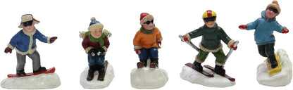 Moments In Time Christmas Village Set - Hand-Painted Skiing & Snowboarding Figures | 5-Piece Holiday Decor