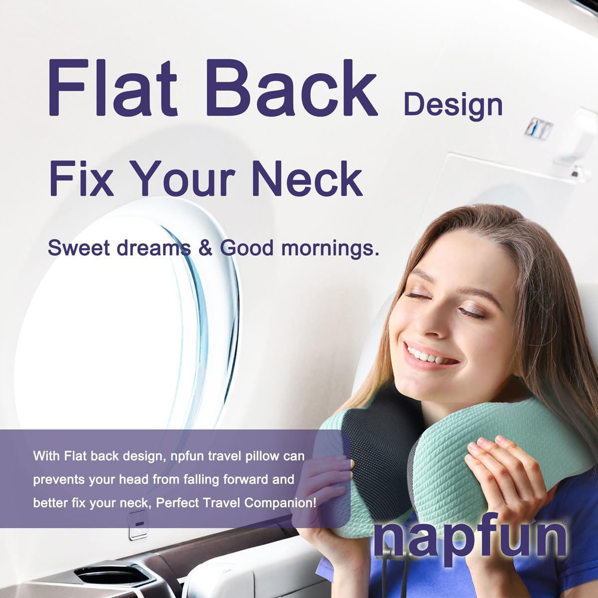 Napfun Neck Pillow - Memory Foam Travel Pillow with Pouch, Sleep Mask & Earplugs | Turquoise Striped Kit