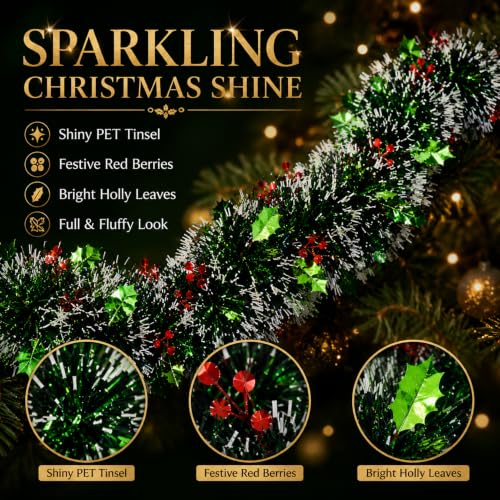 Rainflow 5 Pack Christmas Tinsel Garland - Green & Red Metallic Holiday Decor