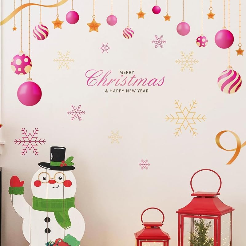 Pink Christmas Wall Decals - 47.24 x 31.49 in with Light Balls & Snowflakes, Removable Art Decor (Variation: Pink Christmas-2)