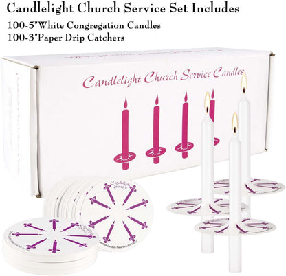 YOROXRG Church Candles - 200 Pcs Unscented White with Drip Protectors | 5" H x 1/2" D for Vigil Services