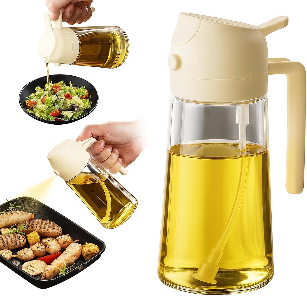 Skiennix 2-in-1 Olive Oil Sprayer & Dispenser - 470ml Glass Bottle for Cooking, BBQ & Salad (White)