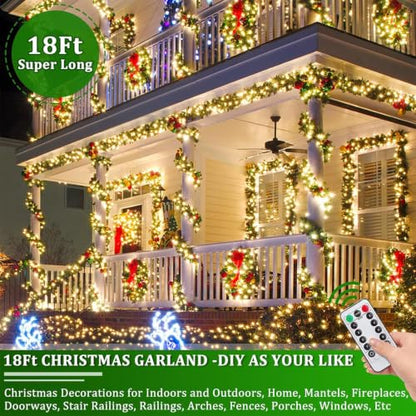 18 Ft Prelit Christmas Garland with 340 Tips & 100 LEDs for Indoor Outdoor Holiday Decor