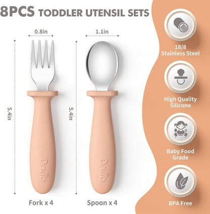DRKIO Toddler Utensils Set - 8-Piece Kids Silverware with Silicone Handles | Safe 18/8 Stainless Steel