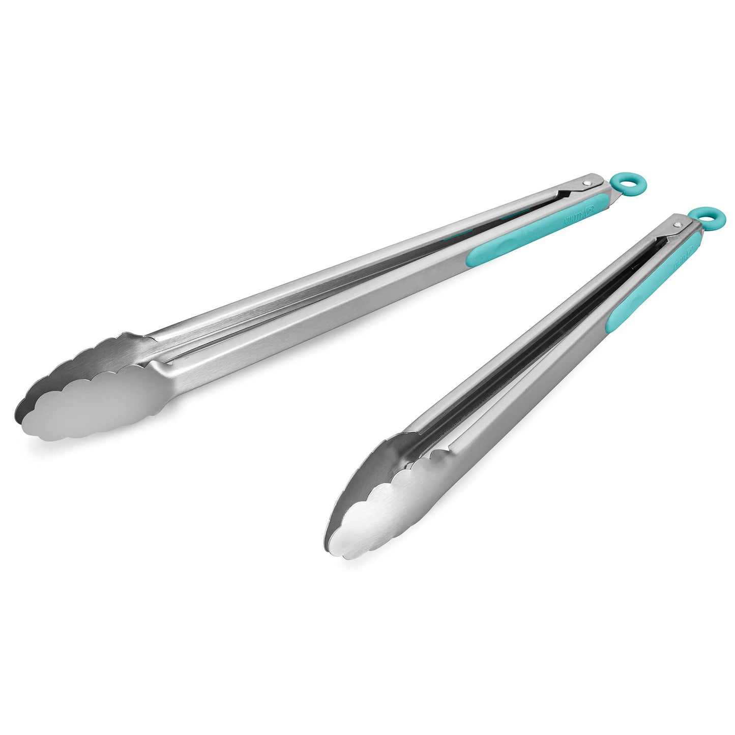 304 Stainless Steel Kitchen Cooking Tongs, 14" and 16" Set of 2 Sturdy Grilling Barbeque Brushed Locking Food Tongs with Ergonomic Grip, Aqua Sky