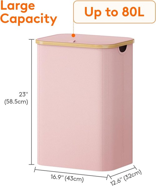 Lifewit 80L Laundry Basket - Foldable Hamper with Lid & Bamboo Handles | Removable Bag, Pink