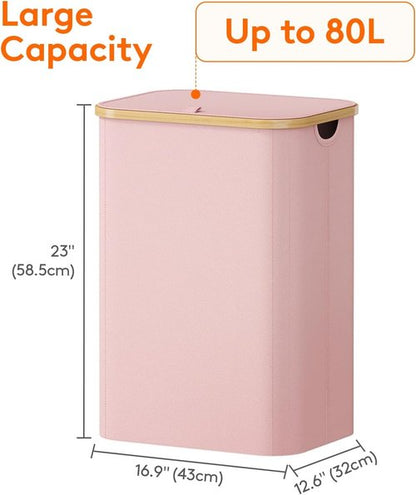 Lifewit 80L Laundry Basket - Foldable Hamper with Lid & Bamboo Handles | Removable Bag, Pink