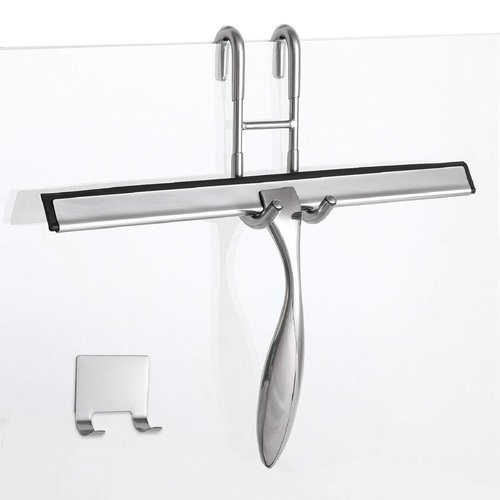 Simtive 12-Inch Shower Squeegee Set, Includes Shower Door Hook and Adhesive Hook, Squeegee for Shower Doors, Mirror and Window, Silver