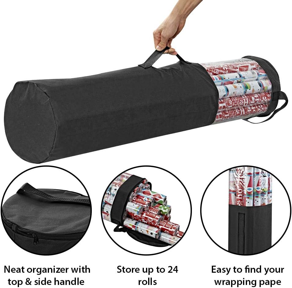 ProPik Wrapping Paper Storage Organizer Bag - Heavy Duty 40-Inch Capacity for 24 Rolls | Black with Clear PVC and Zippered Top