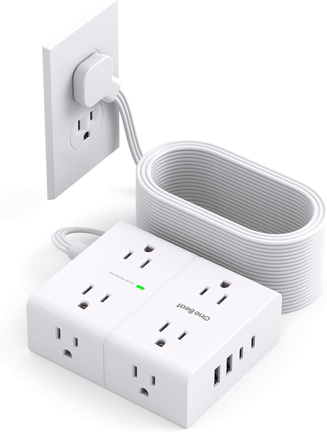 Skiennix Surge Protector Power Strip - 15 ft Cord with 8 Outlets & 4 USB Ports | Ideal for Home & Office