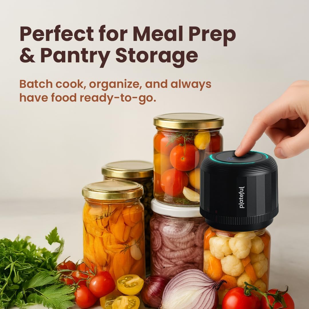 Plateful Electric Mason Jar Vacuum Sealer Kit - Portable Food Storage Solution for Wide & Regular Mouth Jars | Includes Lids & Charger