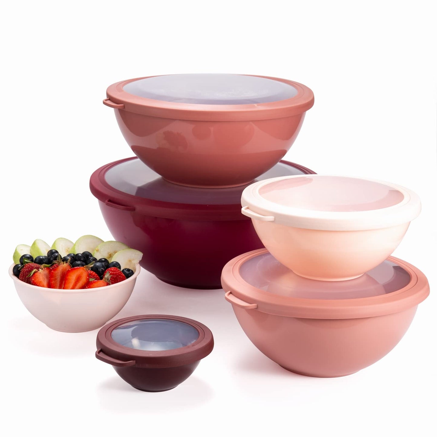 COOK WITH COLOR Mixing Bowls with TPR Lids - 12 Piece Plastic Nesting Bowls Set includes 6 Prep Bowls and 6 Lids, Microwave Safe (Rose)