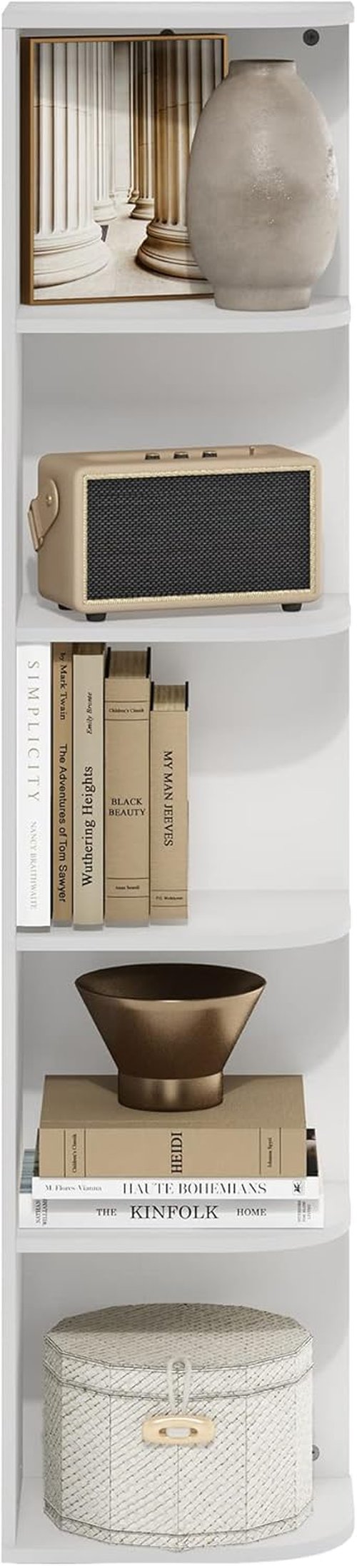 Furinno PASIR 5-Tier Corner Bookshelf - Stylish Open Shelf Bookcase for Living Room, Bedroom, Home Office | White, 9.3 x 12 x 51.7