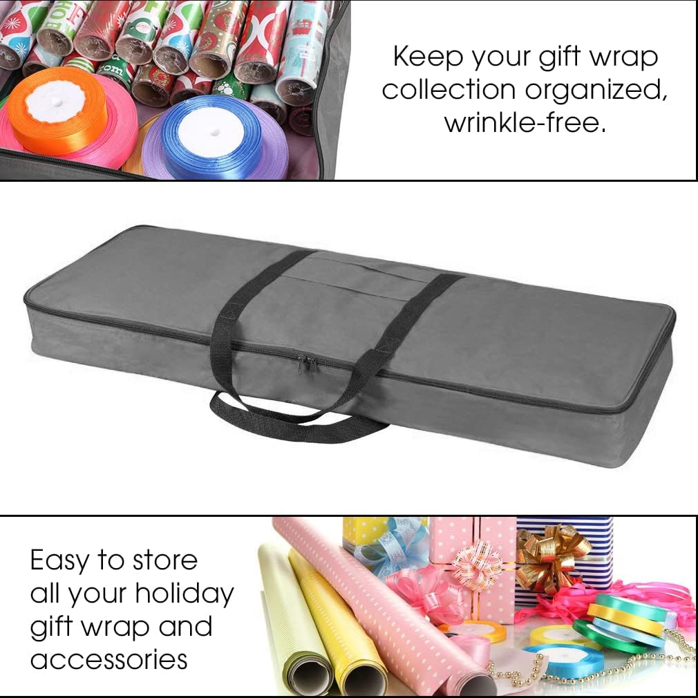 Primode Gift Wrap Organizer - Christmas Wrapping Paper Storage Bag with Pockets | 37” x 14” x 4” | Durable 600D Oxford Material (Gray)