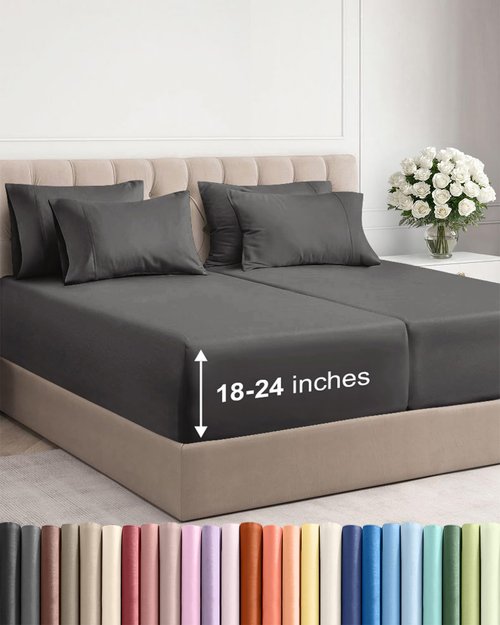 Extra Deep Split King Sheet Set - 7 Piece Breathable and Cooling Sheets - Hotel Luxury Bedding for Women, Men, Kids & Teens - Easy & Secure Fit - Soft and Wrinkle Free - Extra Deep Pockets - Charcoal