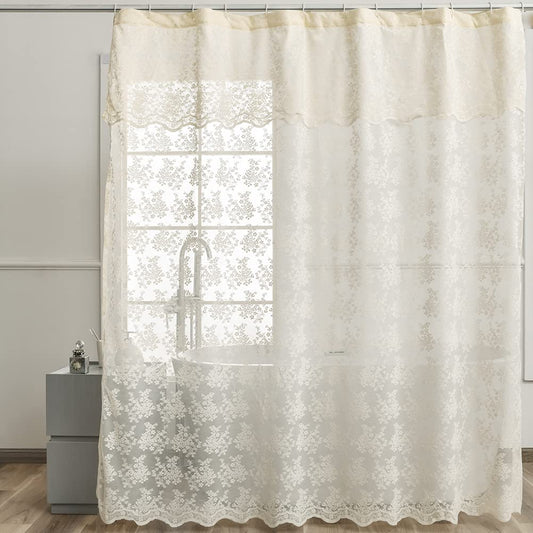 YJ YANJUN Ivory Lace Shower Curtain - Shabby Chic Flower Shower Curtain with Attached Valance, luxury Lace Shower Curtain for Bathroom, Farmhouse Shower Curtains, 72 x 72 Inch, Light Beige