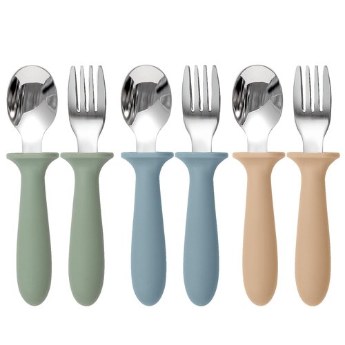 Eascrozn Toddler Utensils, 6 Pack kids Silverware Set with Silicone Handle, 18/8 Stainless Steel Children Safe Forks and Spoons, Dishwasher Safe