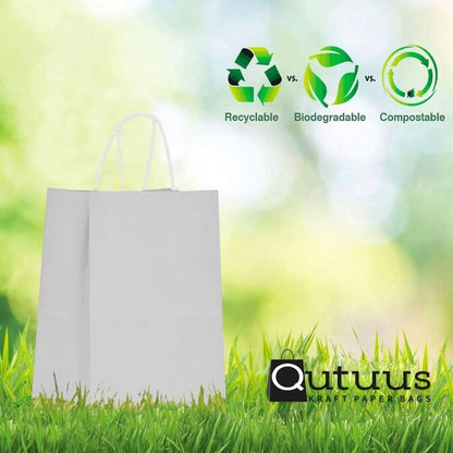 Qutuus White Paper Gift Bags with Handles Bulk 25 pcs 8x4.5x10 Medium White Paper Bags for Gifts, Valentines, Shopping, Retail