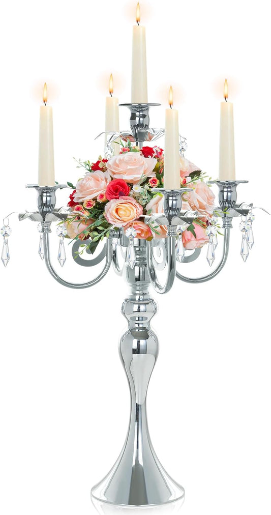 Skiennix 5-Arm Candle Holder - 20.3'' Tall Metal Candelabra for Elegant Home & Wedding Decor | Silver