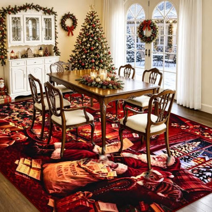 Christmas 6x9 Area Rug with Santa Design - Washable Non-Slip Living Room Decor