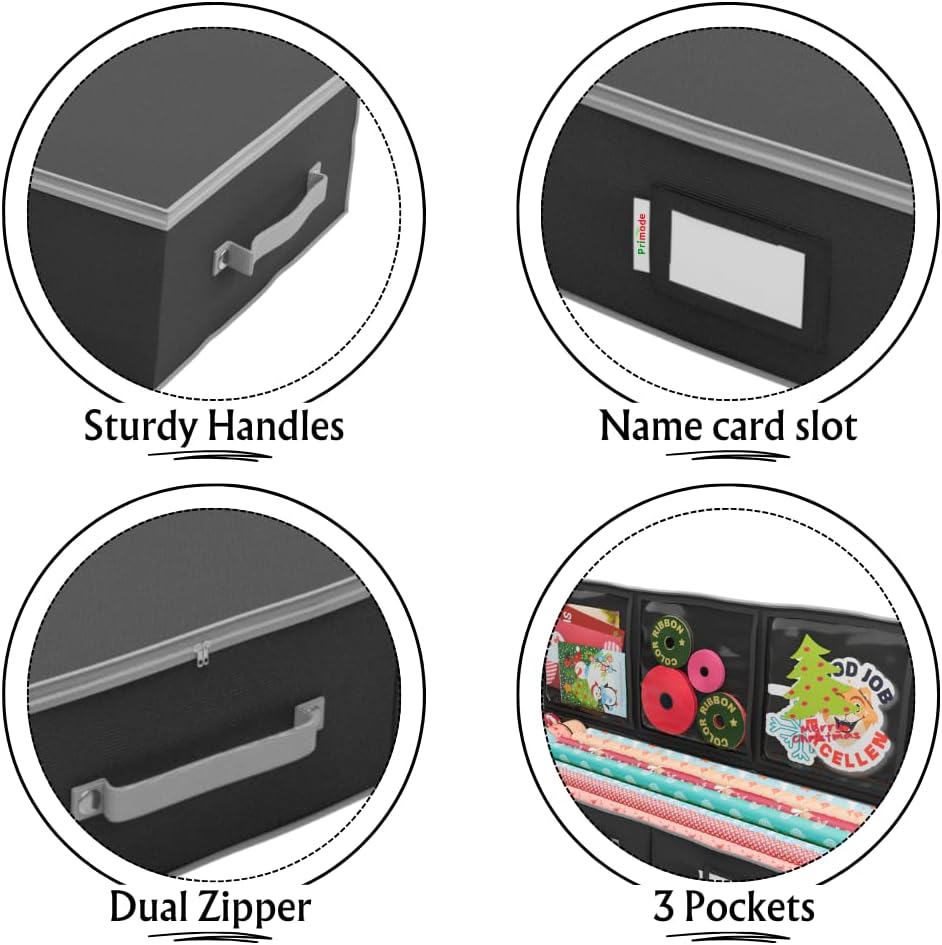 Primode Wrapping Paper Storage Container - Under Bed Gift Wrap Organizer | 41”x14”x6” | Holds 18-24 Rolls Up to 40” | Durable 600D Oxford Material | Includes Pockets for Ribbons and Bows (Black)