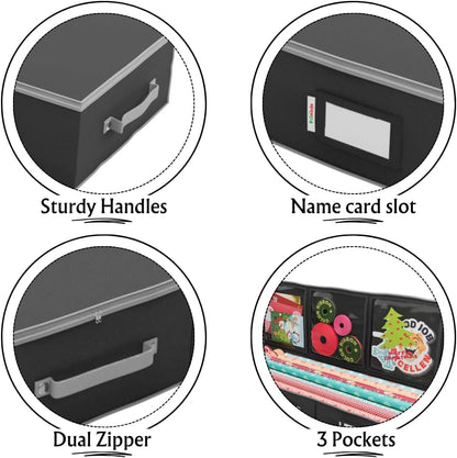 Primode Wrapping Paper Storage Container - Under Bed Gift Wrap Organizer | 41”x14”x6” | Holds 18-24 Rolls Up to 40” | Durable 600D Oxford Material | Includes Pockets for Ribbons and Bows (Black)