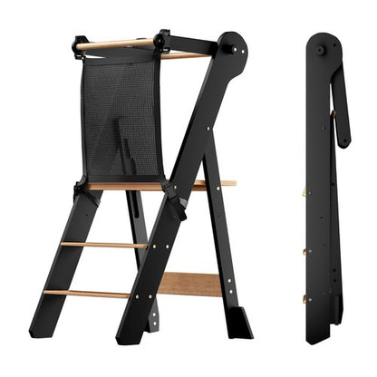 COSYLAND Foldable Toddler Standing Tower - Adjustable Height Folding Step Stool Kid Toddler Kitchen Stool for Learning and Cooking - Ages 18 Months to 6 Years with Safety Net Natural & Charcoal